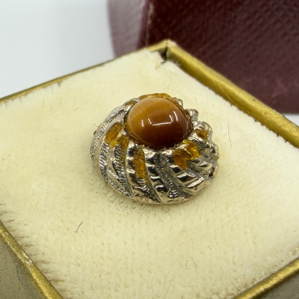 Vintage Tiger's Eye Tie Tack Pin Silver Tone Textured Setting in Original Box
